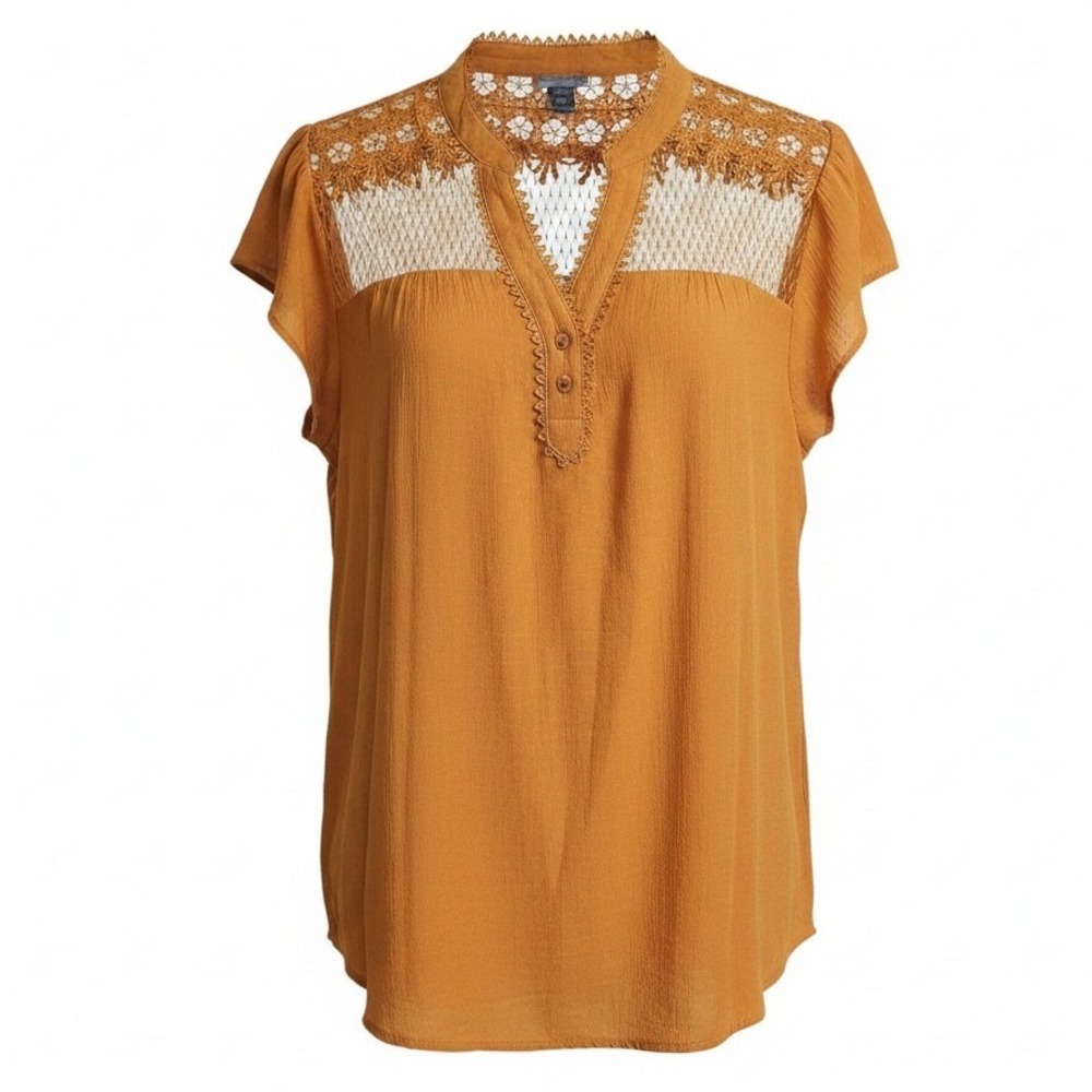 Perch Blu Pepper Plus Size 1X Yellow Cap Sleeve Blouse Top Sheer Lace Inset